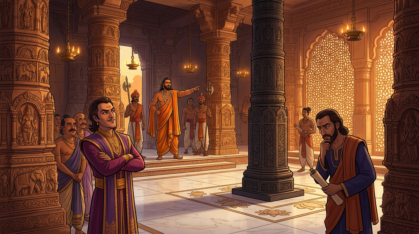 In palace courtyard of Ujjayini, King Vikramaditya challenges ministers to move a 10-ton iron pillar