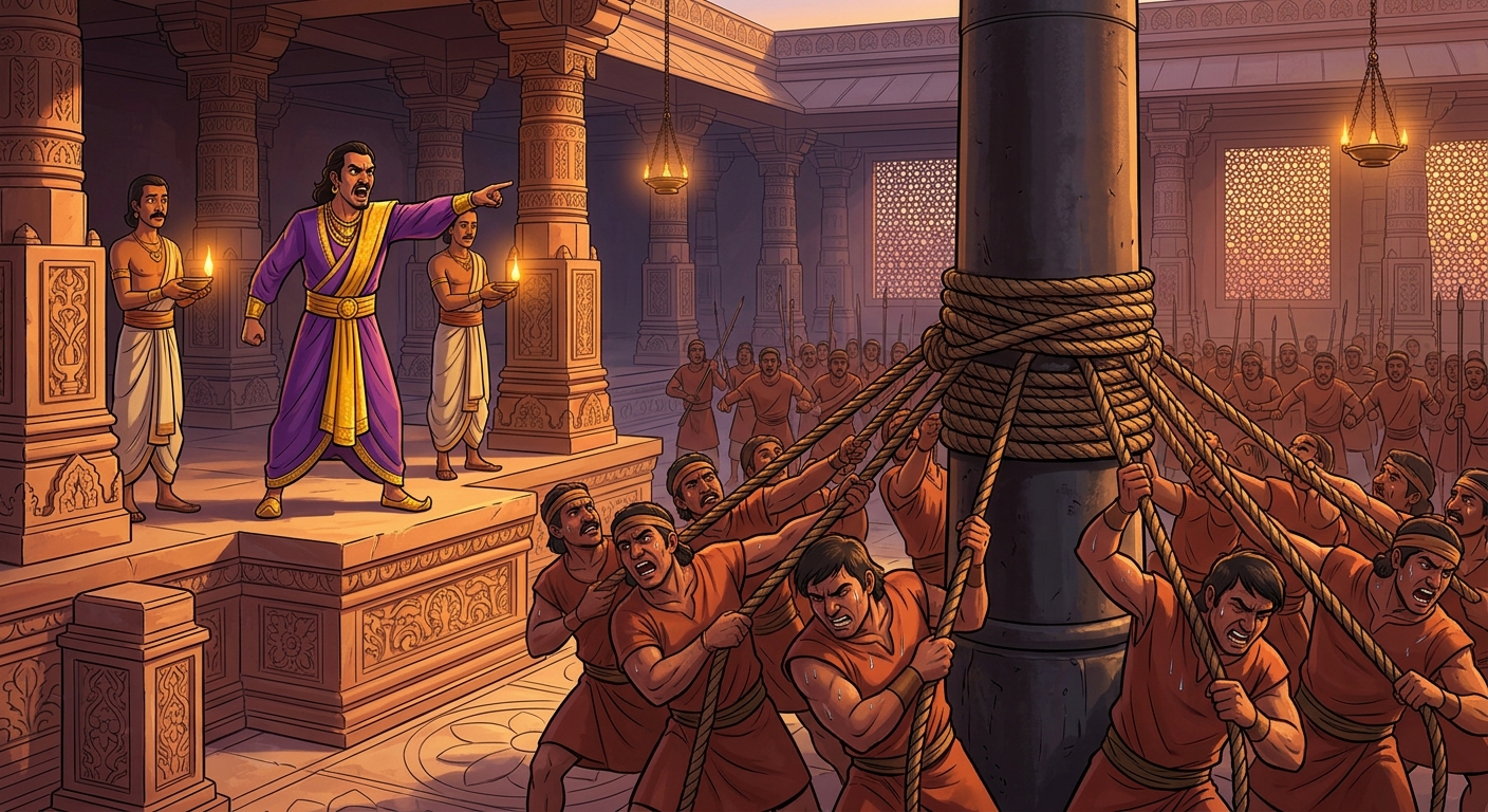 Arrogant Durmukha ordering 300 soldiers to heave and pull the iron pillar with hemp ropes