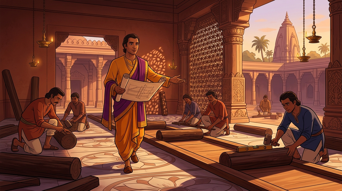 Scholar Sumedha steps forward with blueprints, ordering greased hardwood rollers on a track
