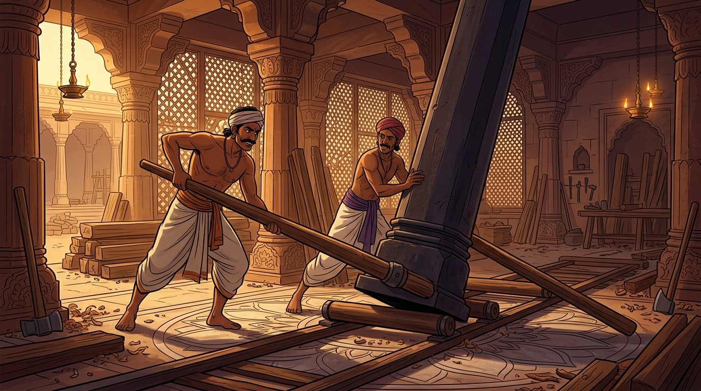 Using long timber levers, two carpenters easily raise the massive iron pillar onto rollers