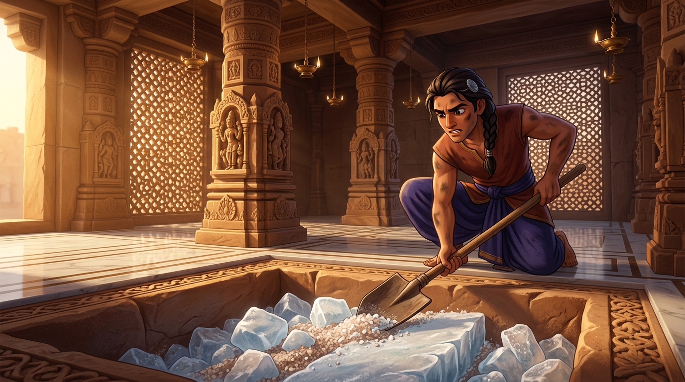 At foundation socket, Sumedha fills pit with blocks of river ice mixed with rock salt