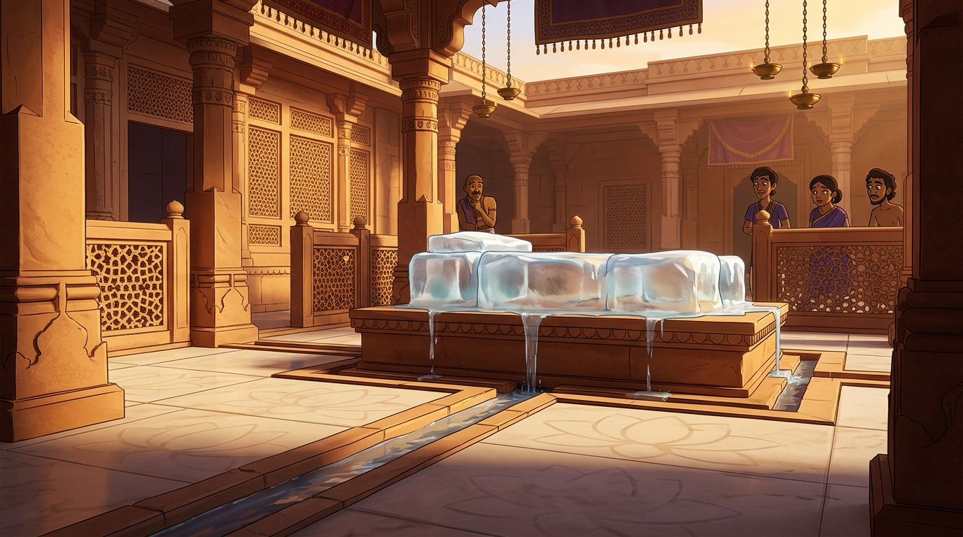 Under afternoon sun, the ice bed melts steadily and evenly, draining clean water away