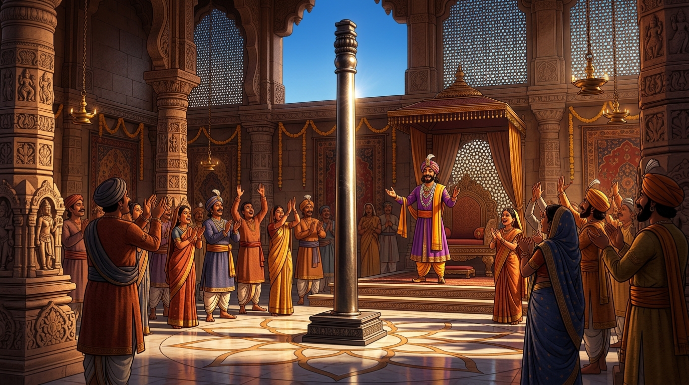 King Vikramaditya and the entire court cheer in standing ovation as the pillar stands upright