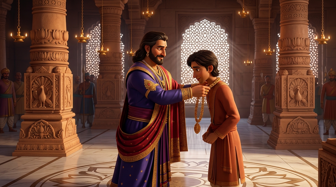The King places golden chain of Prime Counselor around Sumedha's neck, honoring his genius