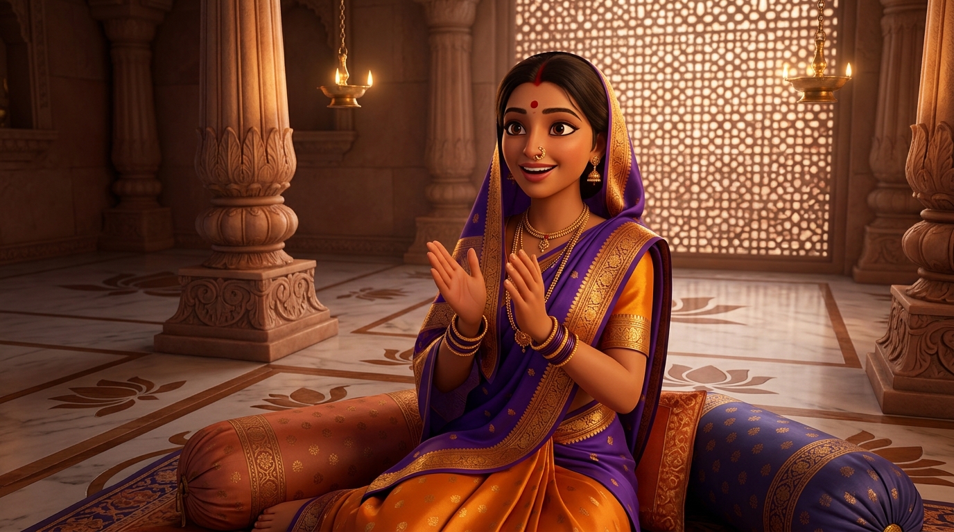 Prabhavati sitting on the silk cushions, clapping in wonder at the power of wisdom over brute force
