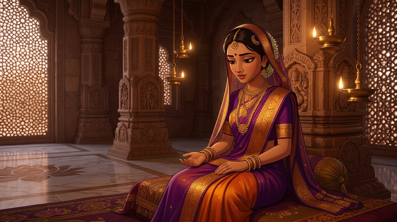 Prabhavati in deep contemplation, realizing wisdom and grace dissolve heavy emotional burdens