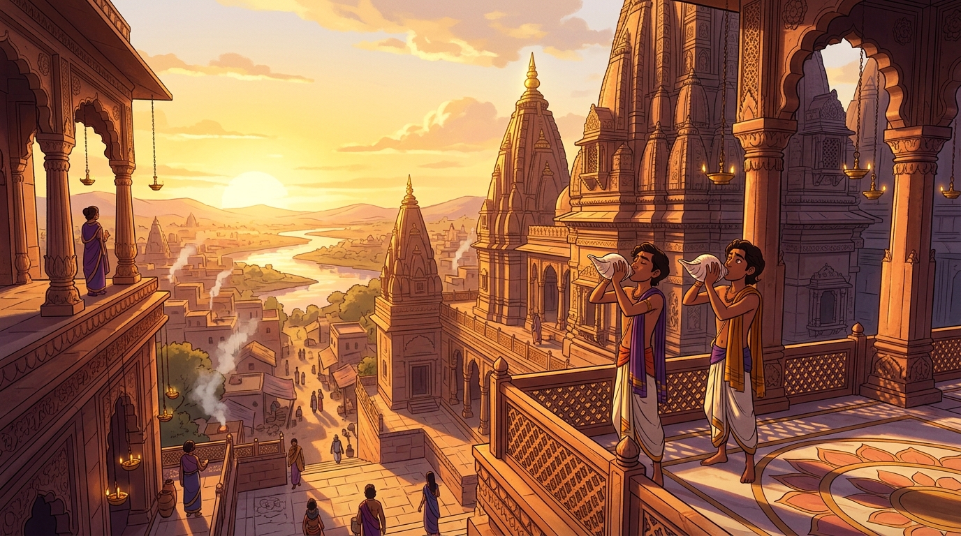 Golden dawn sunlight flooding across the sandstone arches as temple conches sound