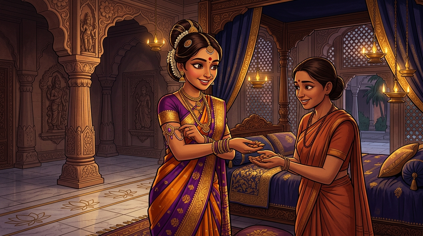 Prabhavati unclasps the amethyst armlet, hands Shuka sweet almonds, retreats peacefully