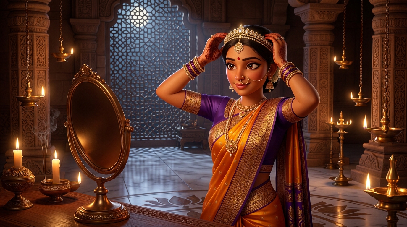 Prabhavati in solar saffron-and-gold silk fastening the diamond headband by candlelight