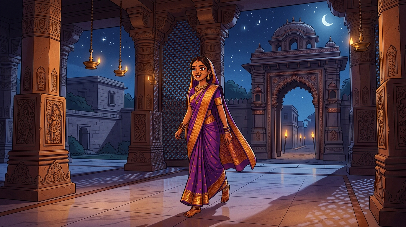 Prabhavati stepping toward the courtyard gate with swift, confident steps under the starry moonlit sky