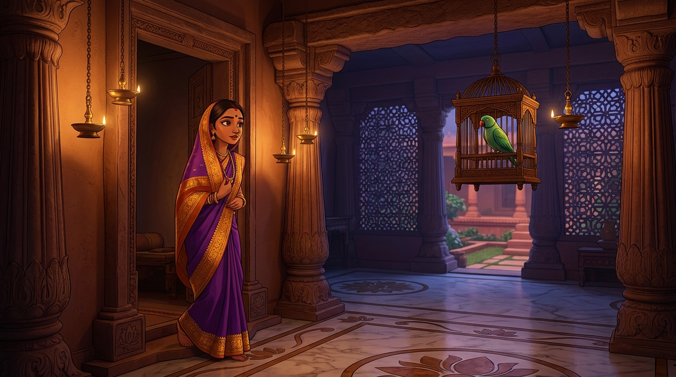 Prabhavati pausing on the doorstep with an amused smile