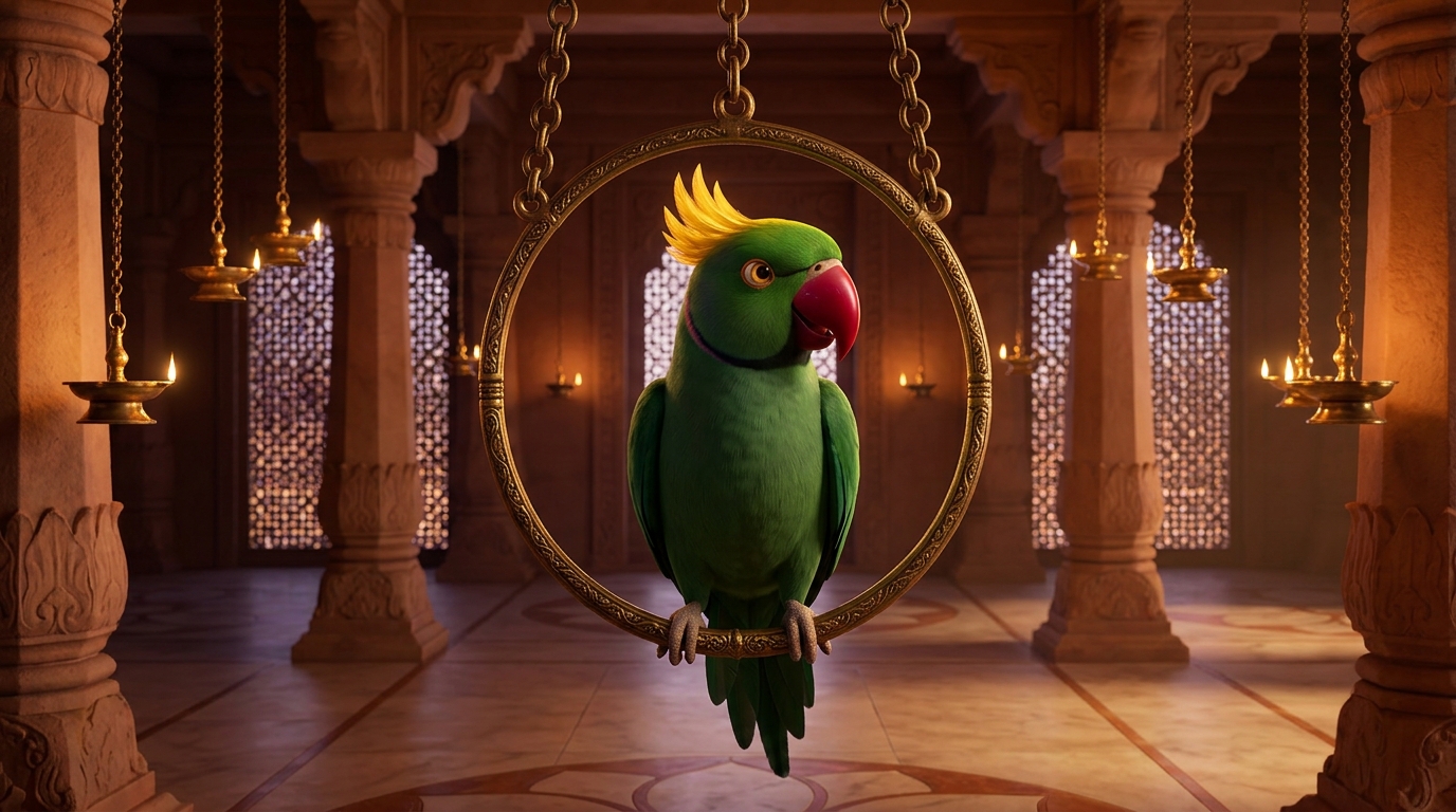 Shuka raising his golden crest with supreme acoustic and spiritual focus