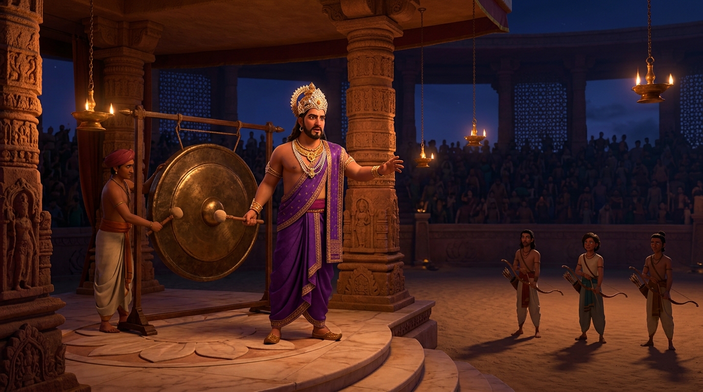 In midnight tournament arena of Mithila, King Yashodharma convenes the archery competition