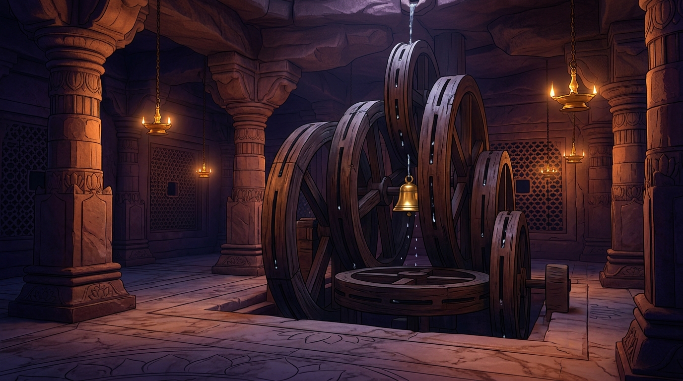Fifty yards away in pitch darkness, seven rotating wooden wheels hide a tiny golden bell