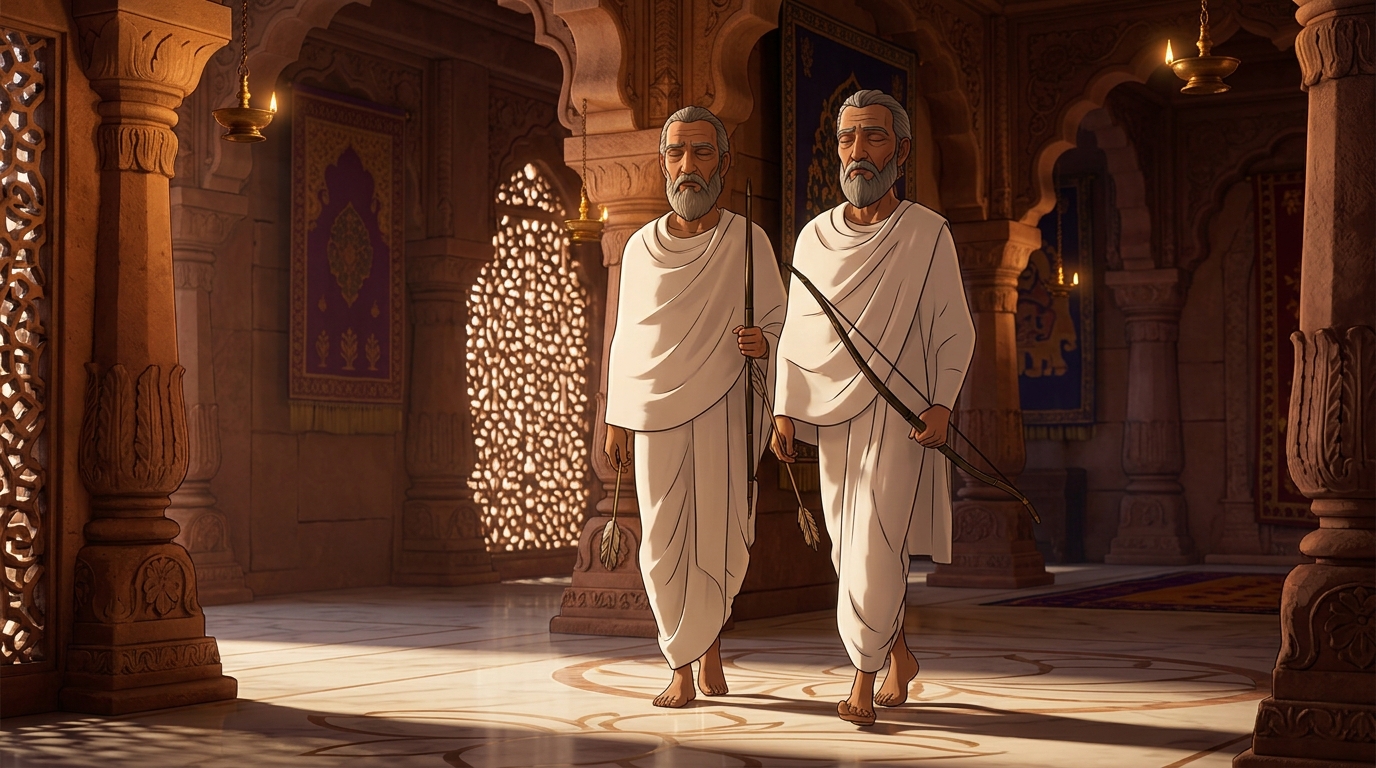 Sightless master Satyaka steps forward holding a simple bamboo bow and reed arrow