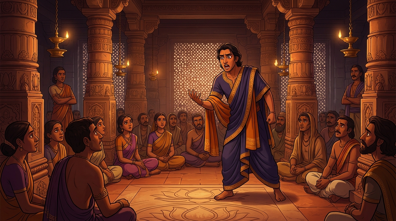 Satyaka proclaims: 'The physical eyes are blinded by shadows; the inner ear hears time!'