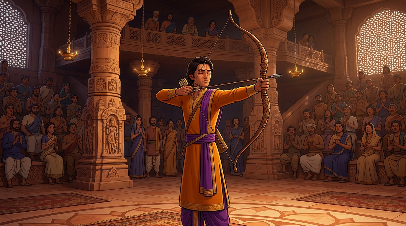 The entire arena falls into breathless silence as Satyaka draws the bowstring back
