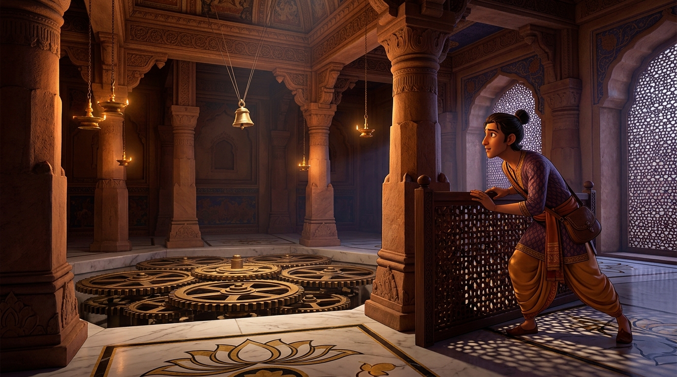 Satyaka tracks the rhythmic whirring of the seven rotating wheels and the golden bell chime