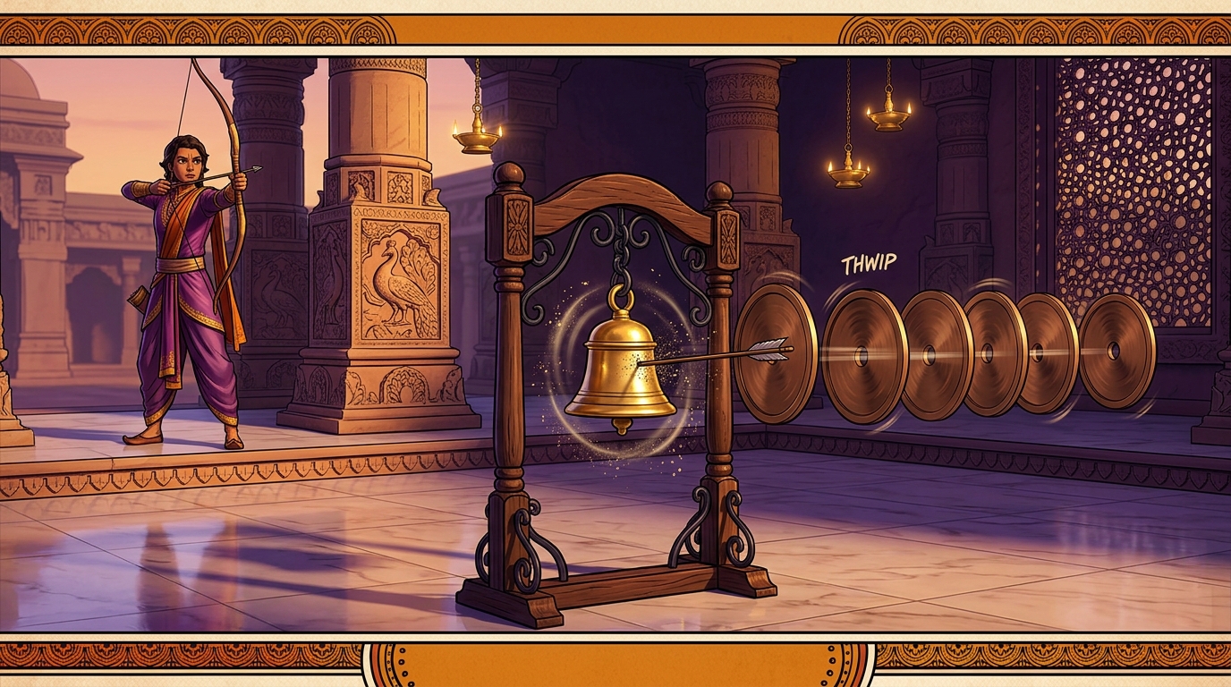 THWIP-CLANG! The arrow flies through all seven spinning slots, striking the golden bell