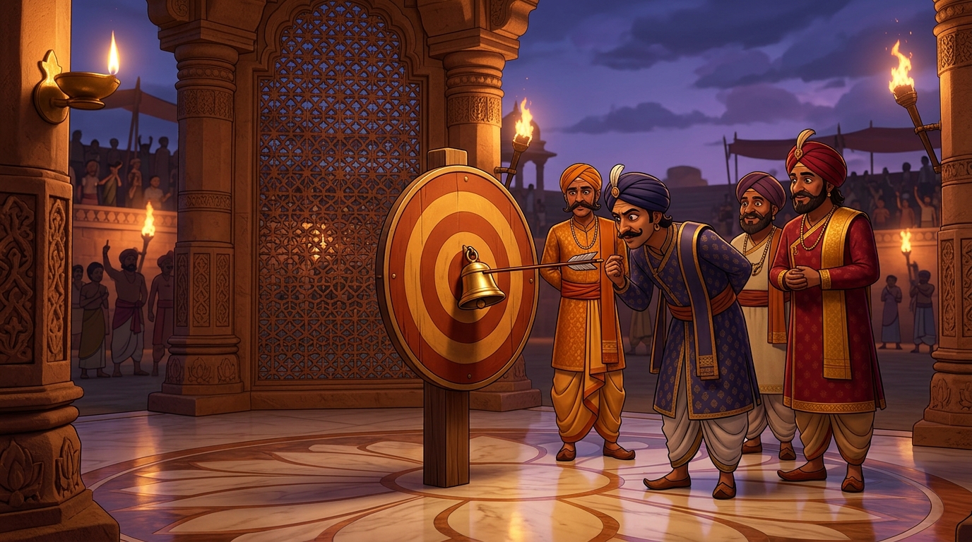 Torches flare across arena: the golden bell is pinned straight through center to the post