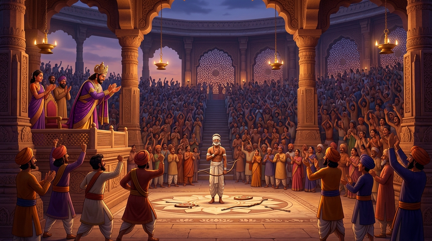 The stadium of ten thousand spectators and King Yashodharma erupt into cheering