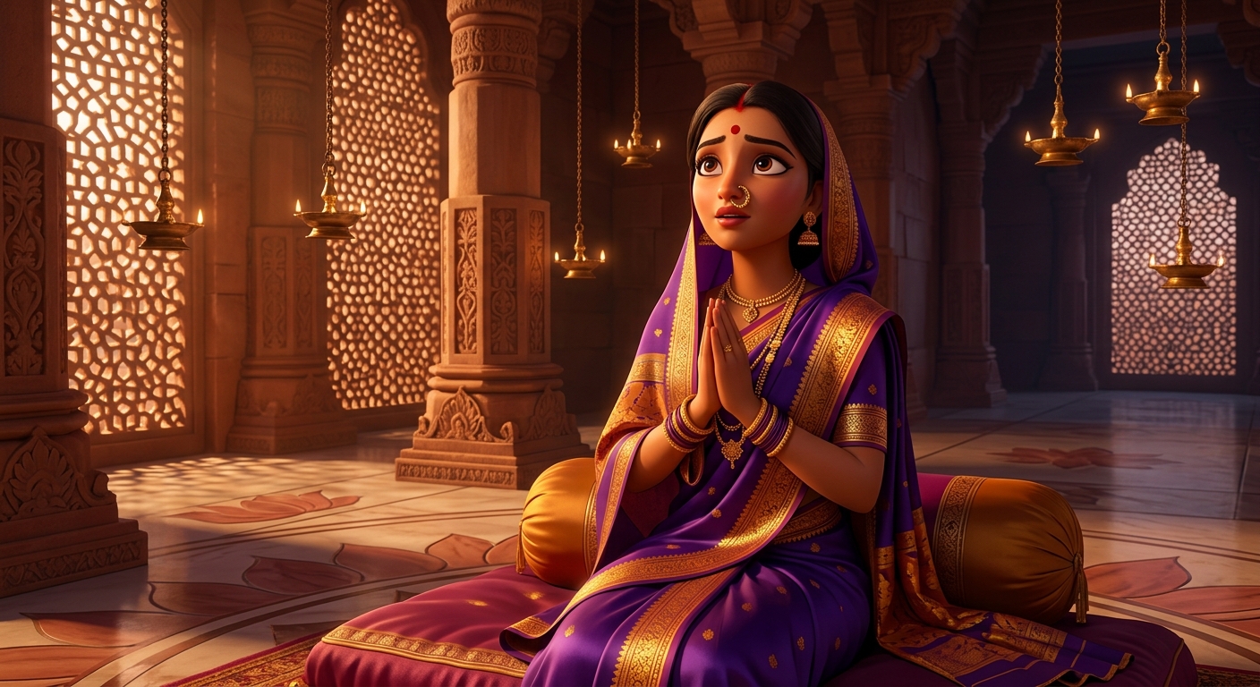 Prabhavati sitting on the bolsters, clapping in deep spiritual reverence at the blind archer's focus