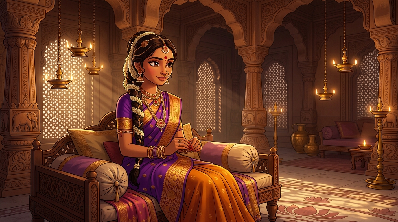 Prabhavati in serene contemplation, realizing single-minded devotion is the supreme arrow