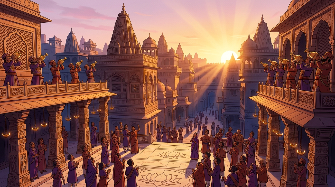 Golden dawn sunlight flooding across the Chandravati skyline as fifty victory conches sound