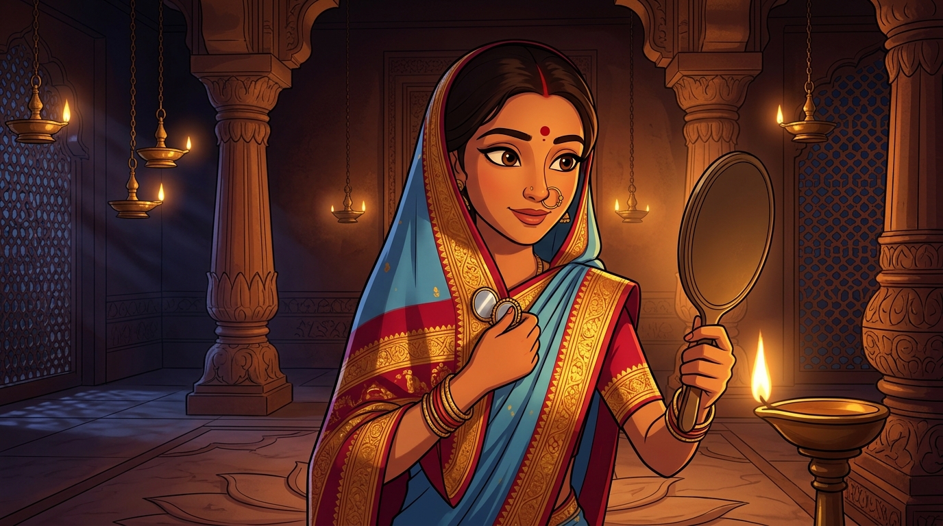 Prabhavati in celestial sky-blue silk fastening the mirror brooch onto her veil by candlelight