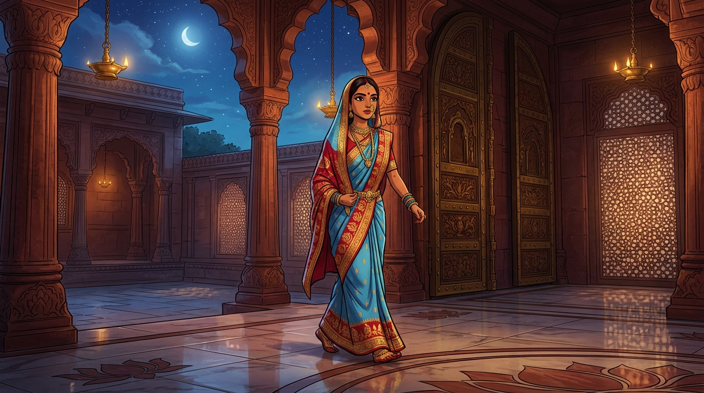 Prabhavati walking toward the courtyard gate with swift, confident steps under the moonlit sky