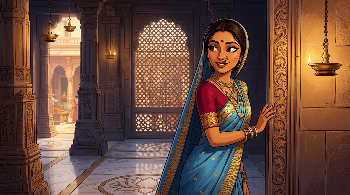 Prabhavati pausing on the doorstep with an amused smile
