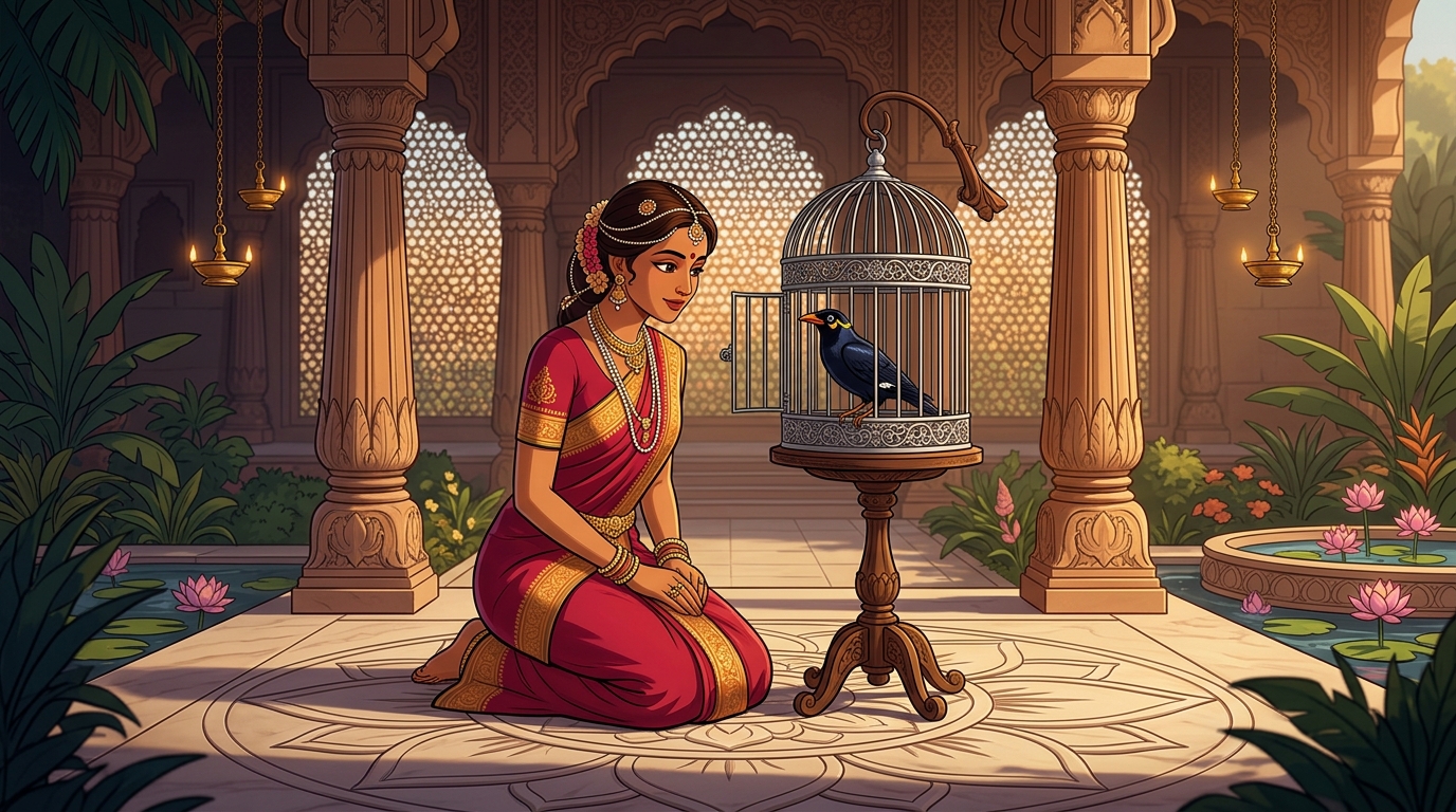 In palace gardens of Kosala, Queen Vasundhara cares for her talking myna bird in a silver cage