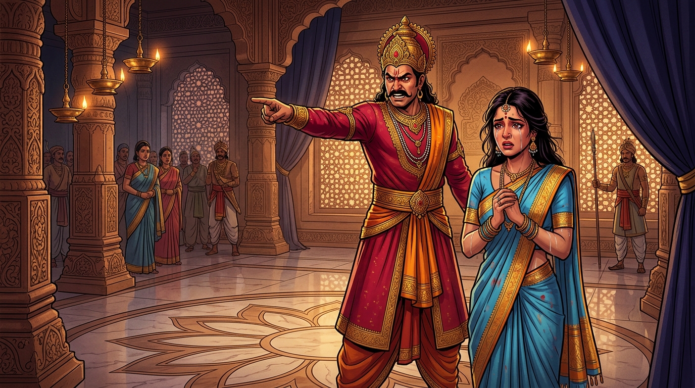 King Virasena stands in furious anger, threatening to banish Queen Vasundhara