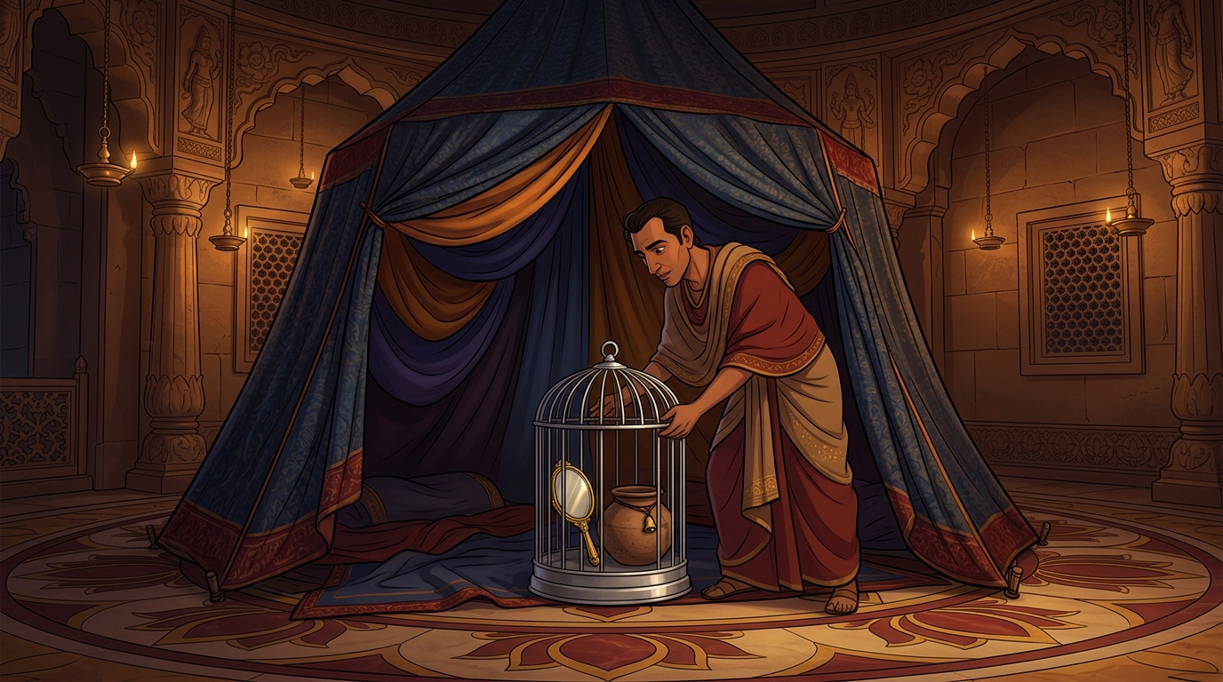 Gunadhya places silver cage inside a dark acoustic tent with a bronze reflector mirror