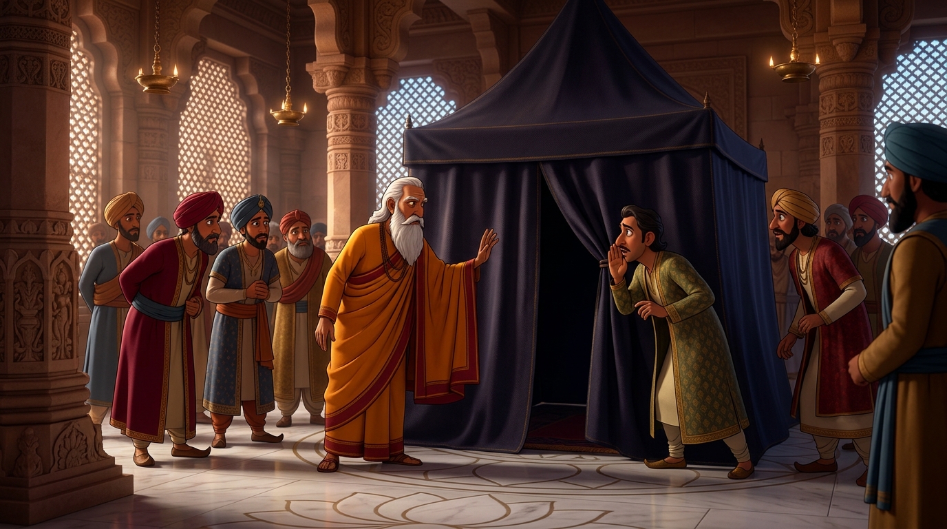 In court, Gunadhya commands each minister to speak a single phrase into the dark tent