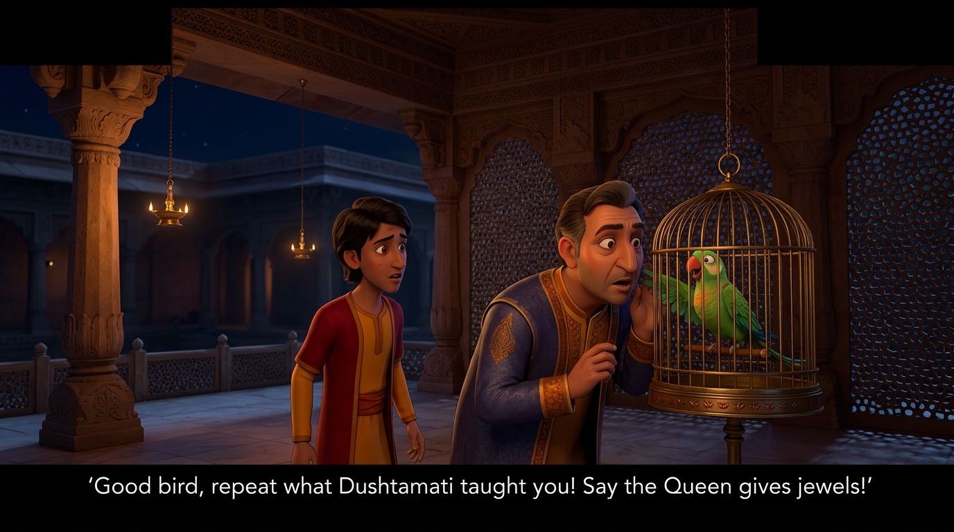 The bird chatters: 'Good bird, repeat what Dushtamati taught you! Say the Queen gives jewels!'