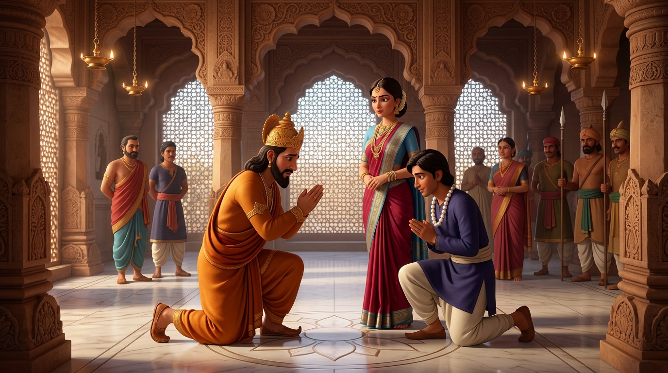 The King begs Queen's forgiveness, placing a pearl garland around Gunadhya's neck