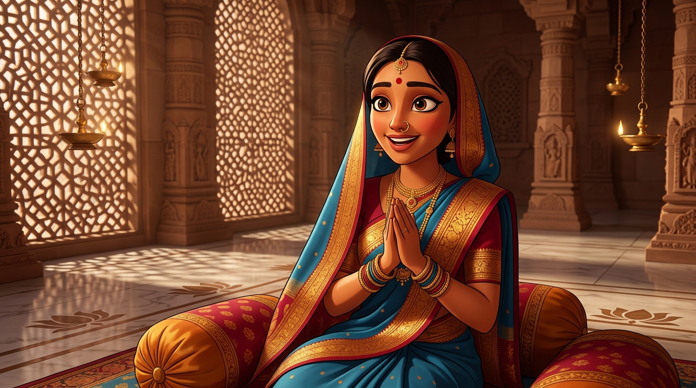 Prabhavati sitting on the silk cushions, clapping in wonder at the acoustic mirror of truth