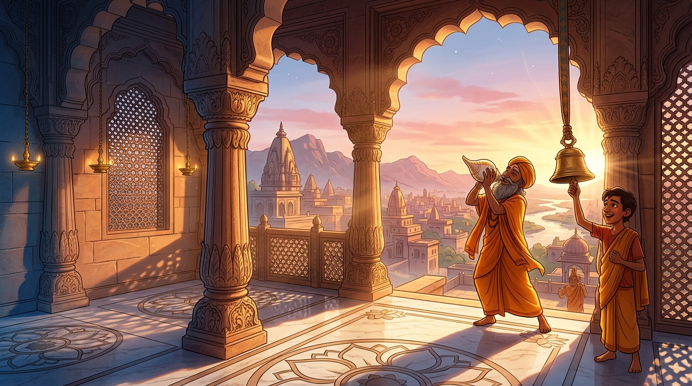 Golden dawn sunlight flooding across the sandstone arches as temple conches sound