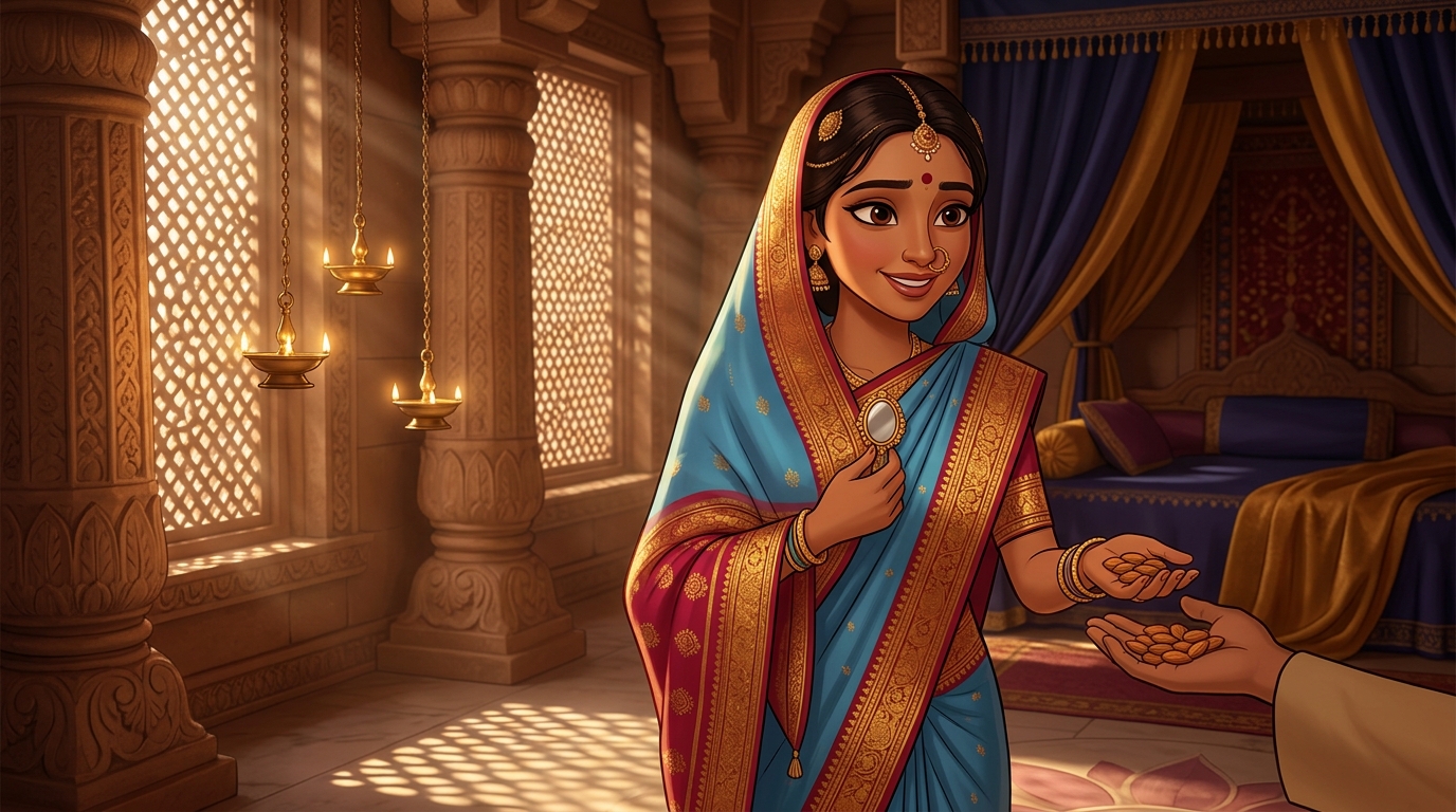 Prabhavati unclasps the mirror brooch, hands Shuka sweet almonds, retreats peacefully