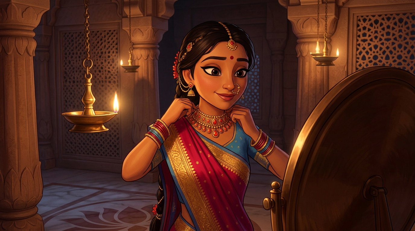 Prabhavati in ruby-crimson silk fastening the choker around her throat by candlelight