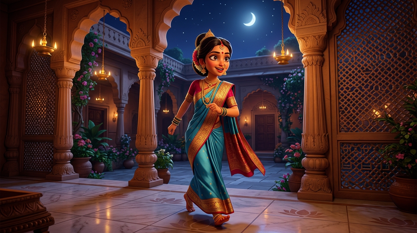 Prabhavati stepping toward the courtyard gate with swift, eager steps under the moonlit sky