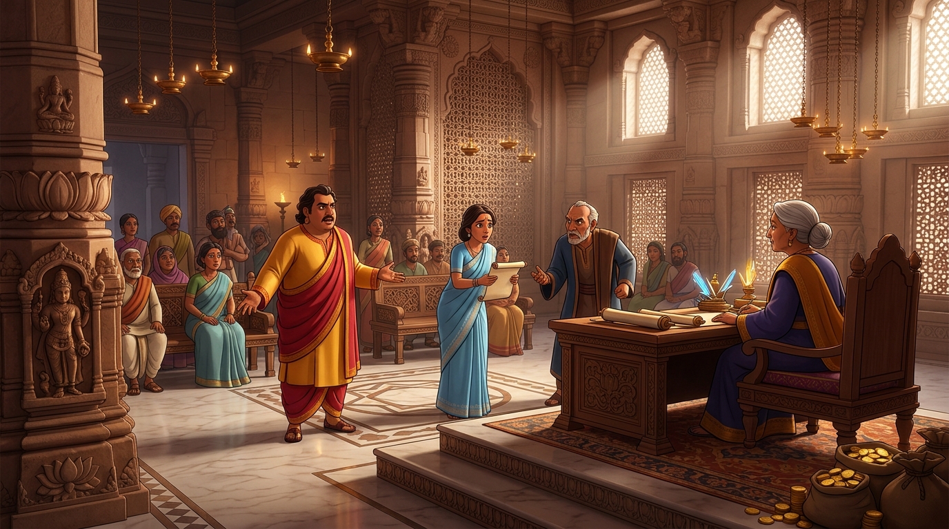 In the probate hall of Varanasi, deceased merchant Dhanasheela's 50,000-gold-dinar estate contested