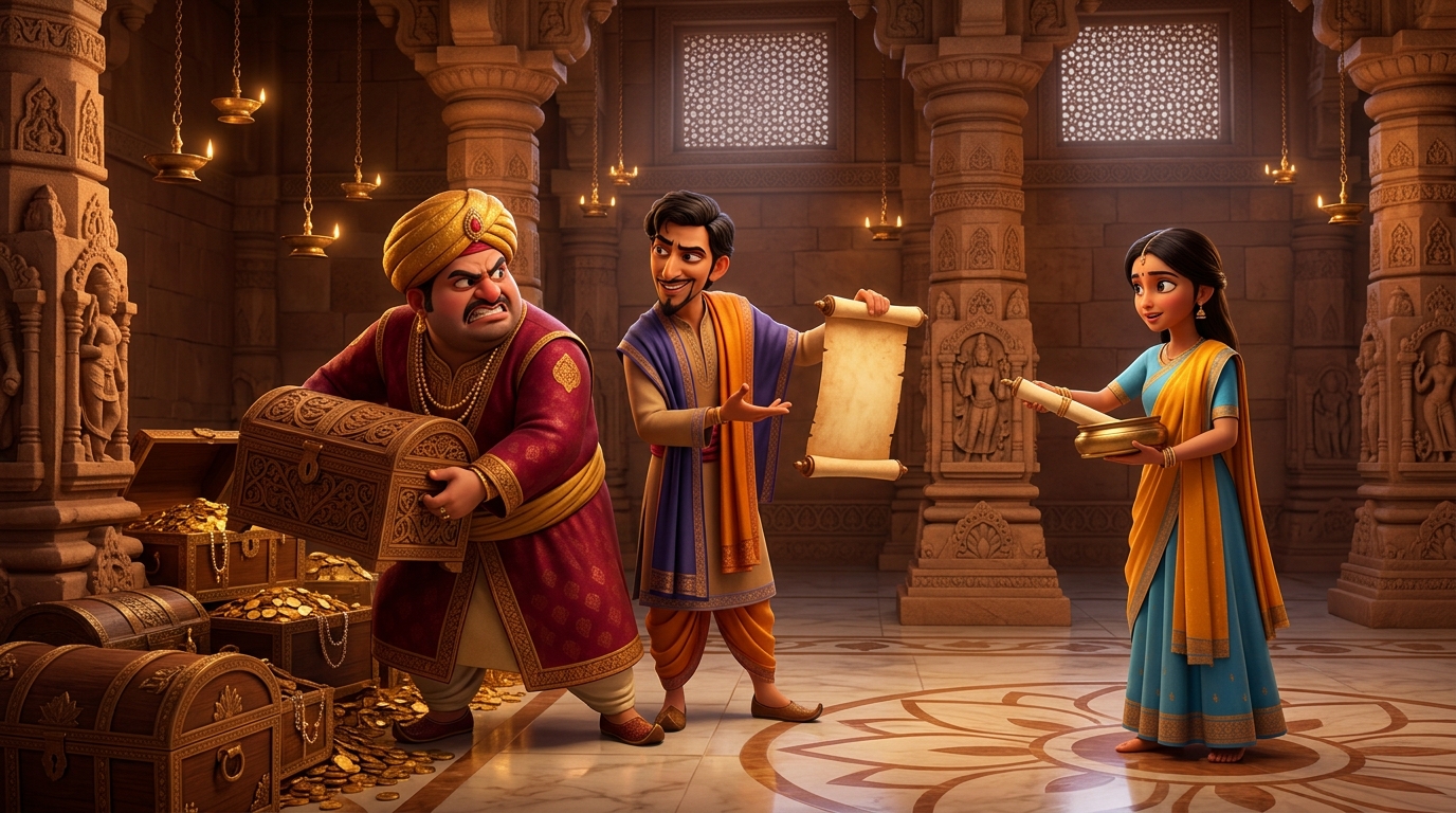 The eldest brother, dishonest nephew, and charitable youngest daughter presenting scrolls