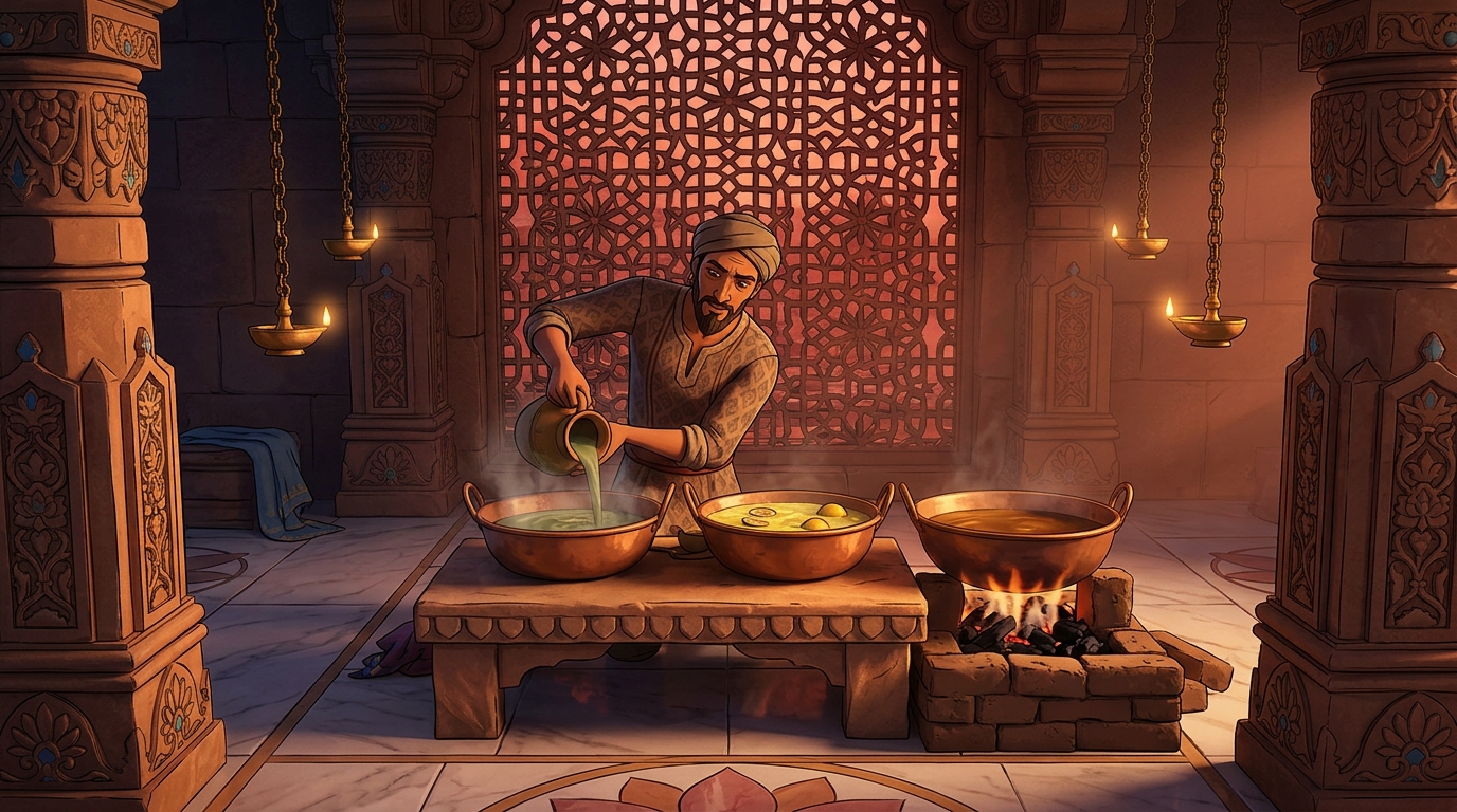Somadatta prepares three testing baths: iron copperas, citrus juice, and warm charcoal heat