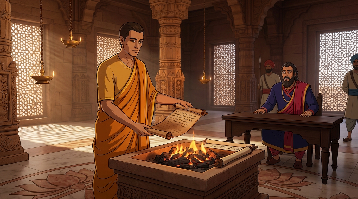 Passing the brother's scroll over charcoal embers reveals erased prior text beneath fresh ink