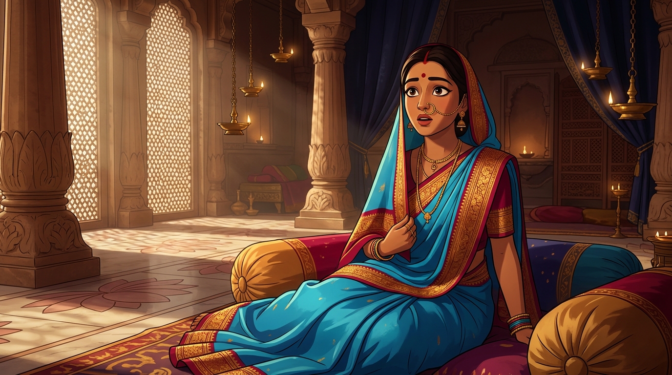 Prabhavati sitting on the bolsters, wide-eyed with realization at the indelible ink of truth