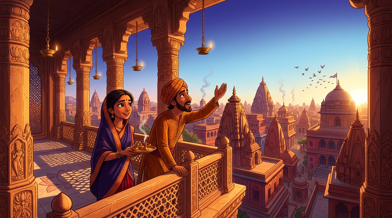 Golden dawn sunlight flooding across the Chandravati skyline as temple conches sound