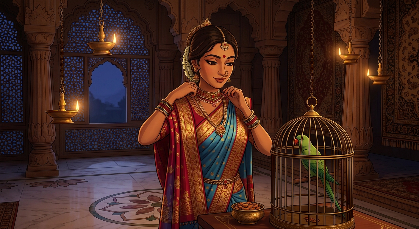 Prabhavati unclasps the ruby choker, gives Shuka sweet almonds, retreats peacefully