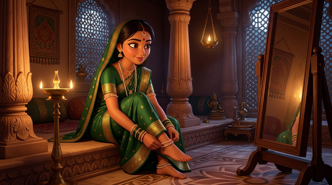 Prabhavati in forest-green silk fastening the pearl anklet around her ankle by candlelight